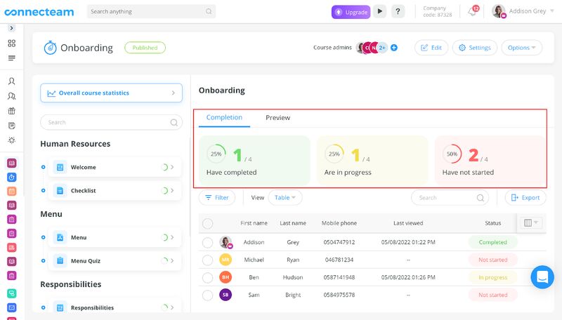 Connecteam's overall course statistics dashboard shows the course sections at the left and the number and list of users who completed/not completed the course at the right.