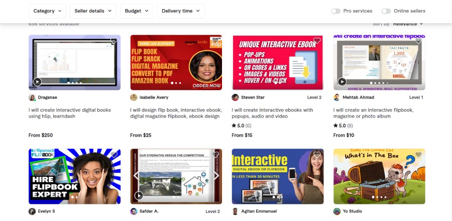 The Fiverr platform showing freelance digital storybook creator listings.