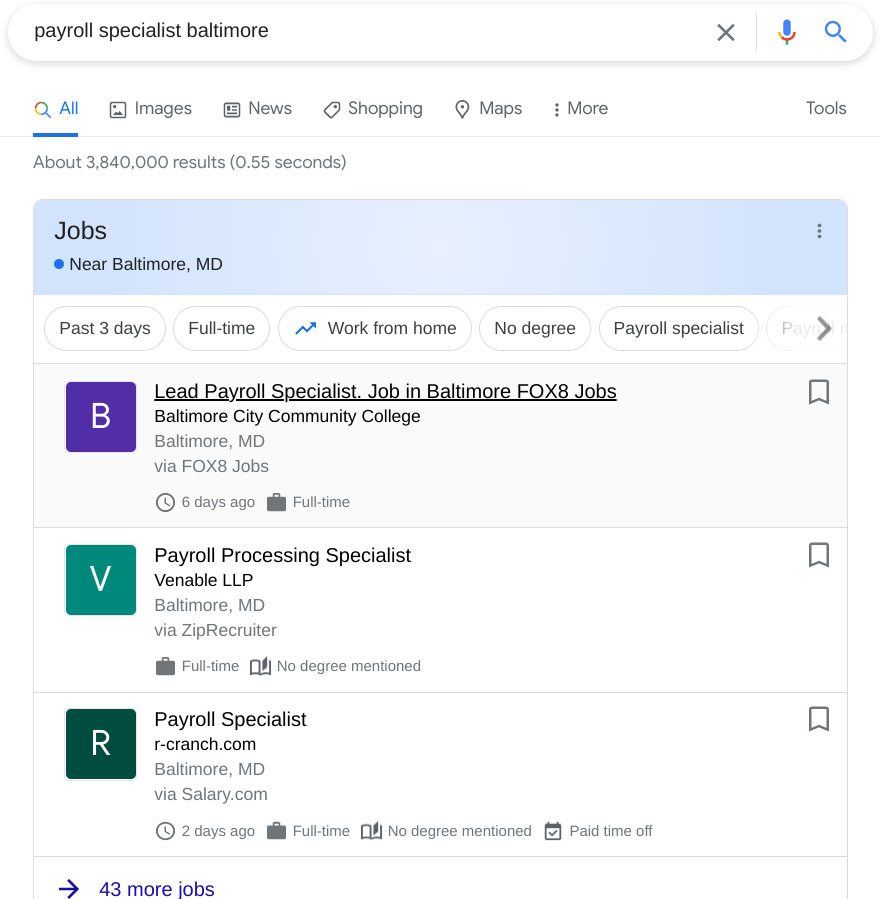 Job listings on Google.