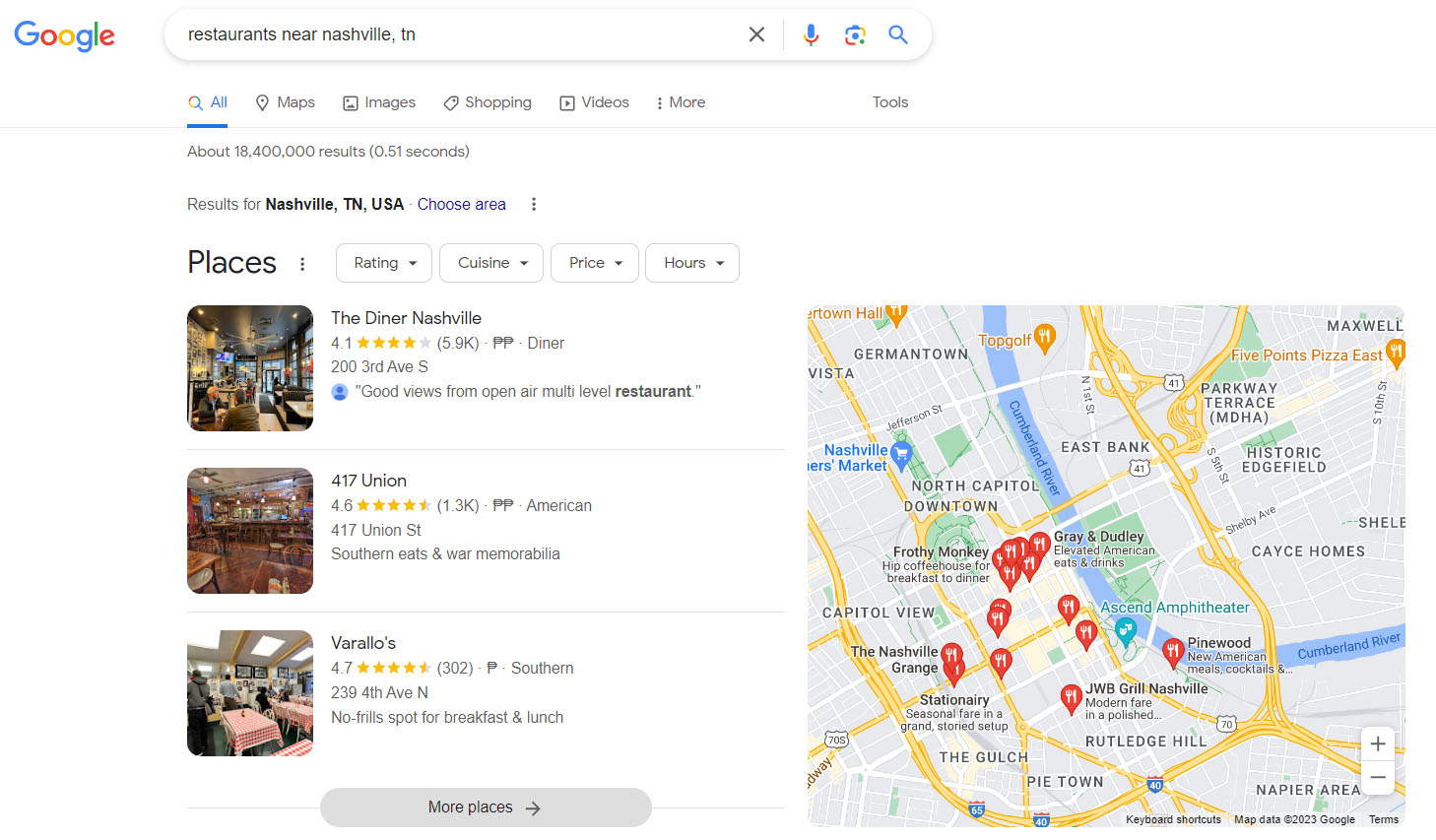 Google search results for restaurants near Nashville, Tennessee.