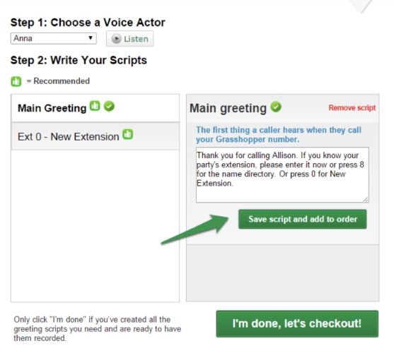 Grasshopper interface showing the steps for submitting an order in Voice Studio: Step 1 is choose a voice actor and Step 2 is write your scripts.