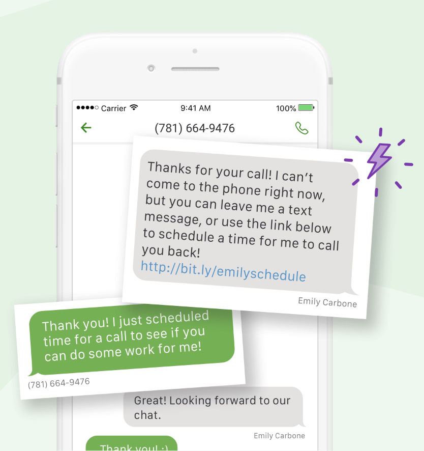 An SMS conversation in the Grasshopper mobile app with instant response feature enabled.