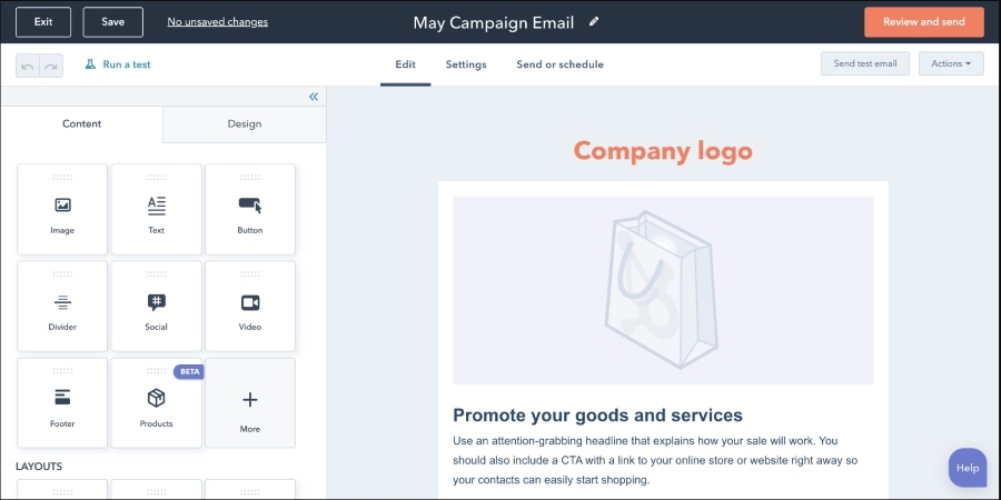HubSpot’s drag-and-drop email campaign editor is easy to use.