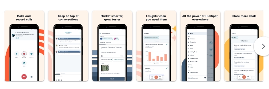 Mobile screens showing different HubSpot app features.