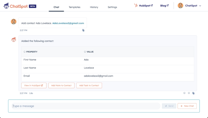 HubSpot uses ChatSpot to add a contact.
