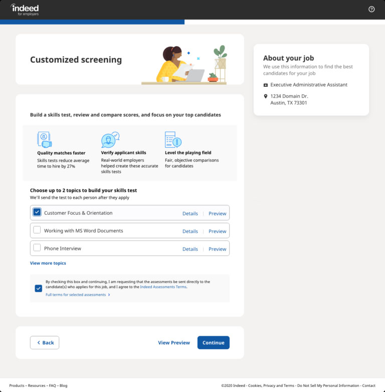 Customized Screening page on Indeed showing options on building a skills test for applicants.