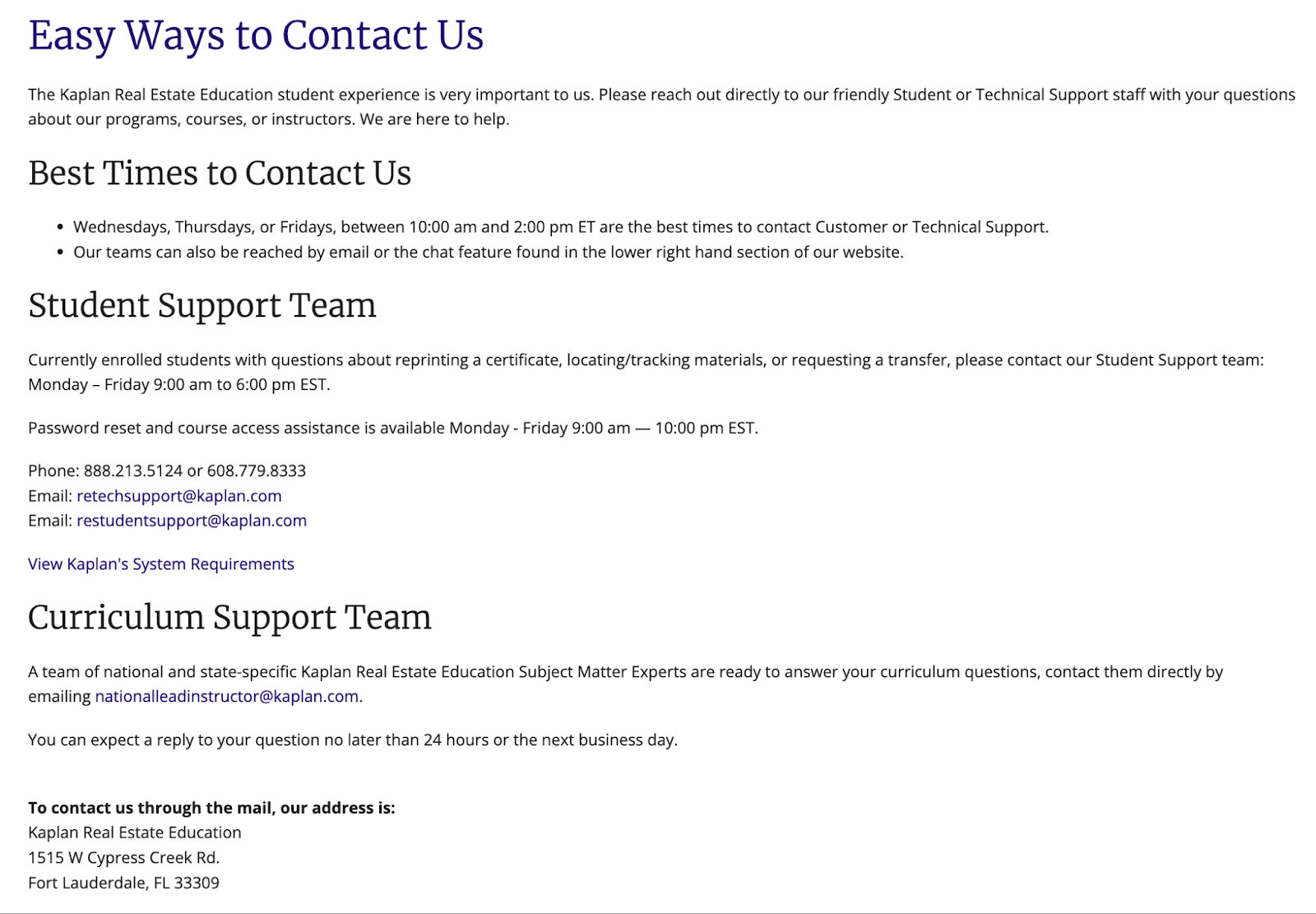 Screenshot of Kaplan contact information.