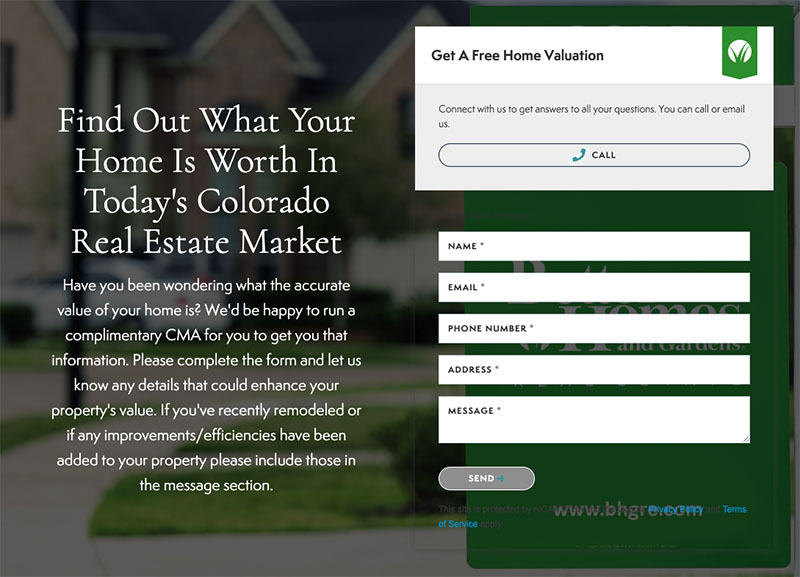 Sample home valuation landing page from Kenney & Company.