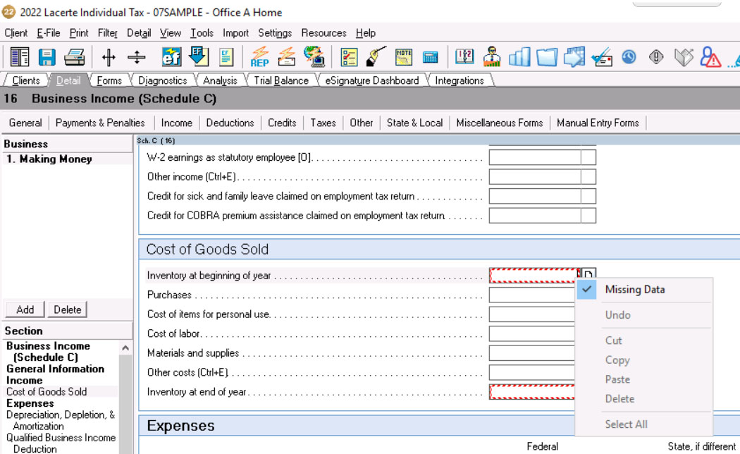 Input screen in Lacerte Tax with the fields for beginning and ending inventory flagged as missing.