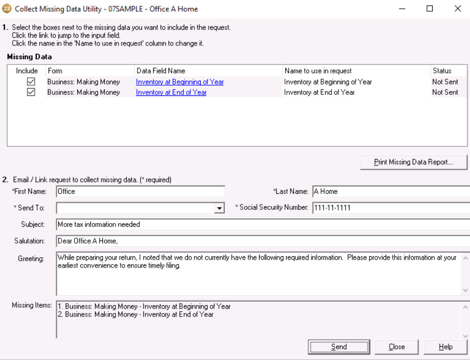 Missing data utility in Lacerte generating an email to a client requesting the beginning and ending inventory amounts.