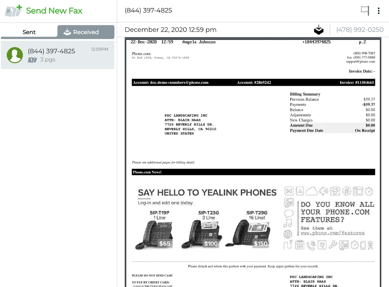 Phone.com interface showing the virtual fax feature, which has the "Sent" and "Received" tabs on the left and a preview of the document on the center-right of the screen.