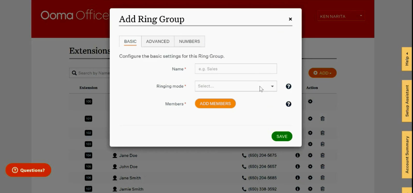 Ooma Office interface showing a dialog box titled "Add Ring Group" with configurations for ring group name, ringing mode, and list of members.
