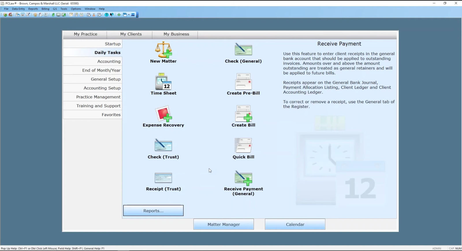 Image showing PCLaw's dashboard.