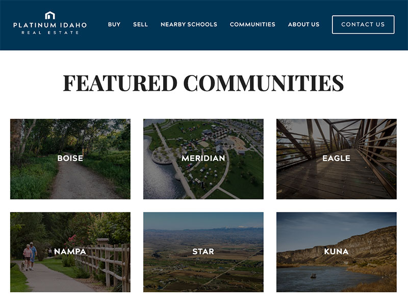 Platinum Idaho website with section titled "Featured Communities".