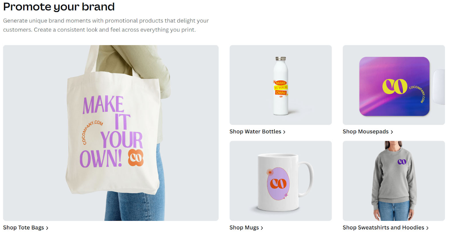 Printable merchandise options from Canva.