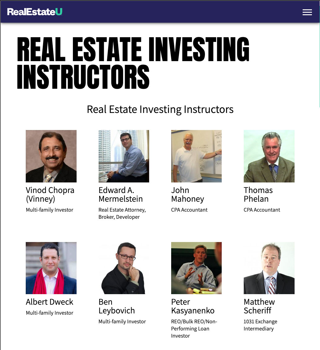 RealEstateU webpage showing each instructor, including their photo and bio.