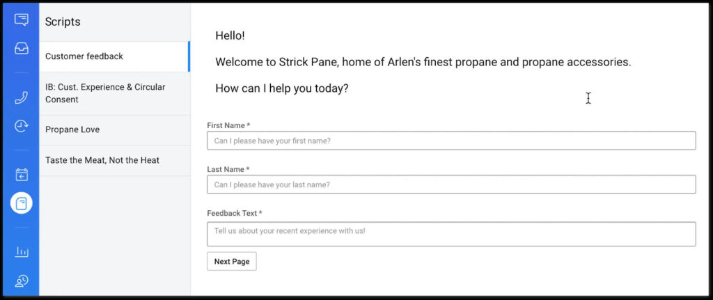 RingCentral interface showing the scripts feature, which displays a text that greets a customer needing assistance and input fields for the caller’s first name, last name, and feedback