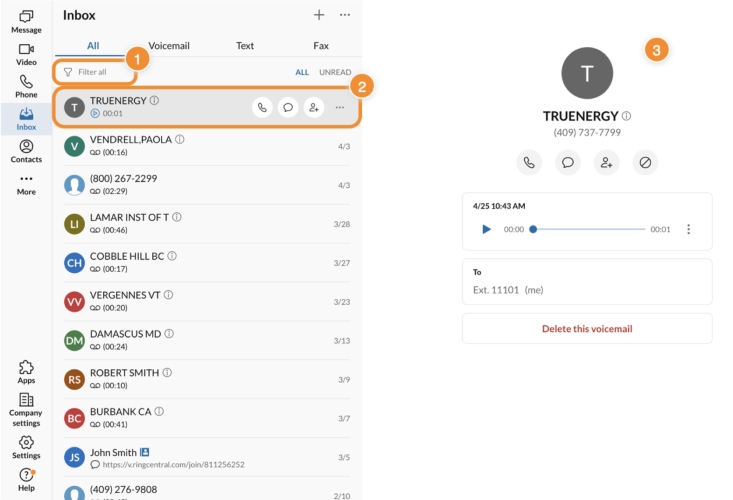RingCentral unified messaging inbox with incoming messages.
