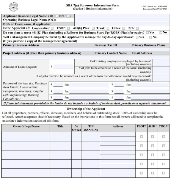 Screenshot of SBA7 Borrower Information Form.
