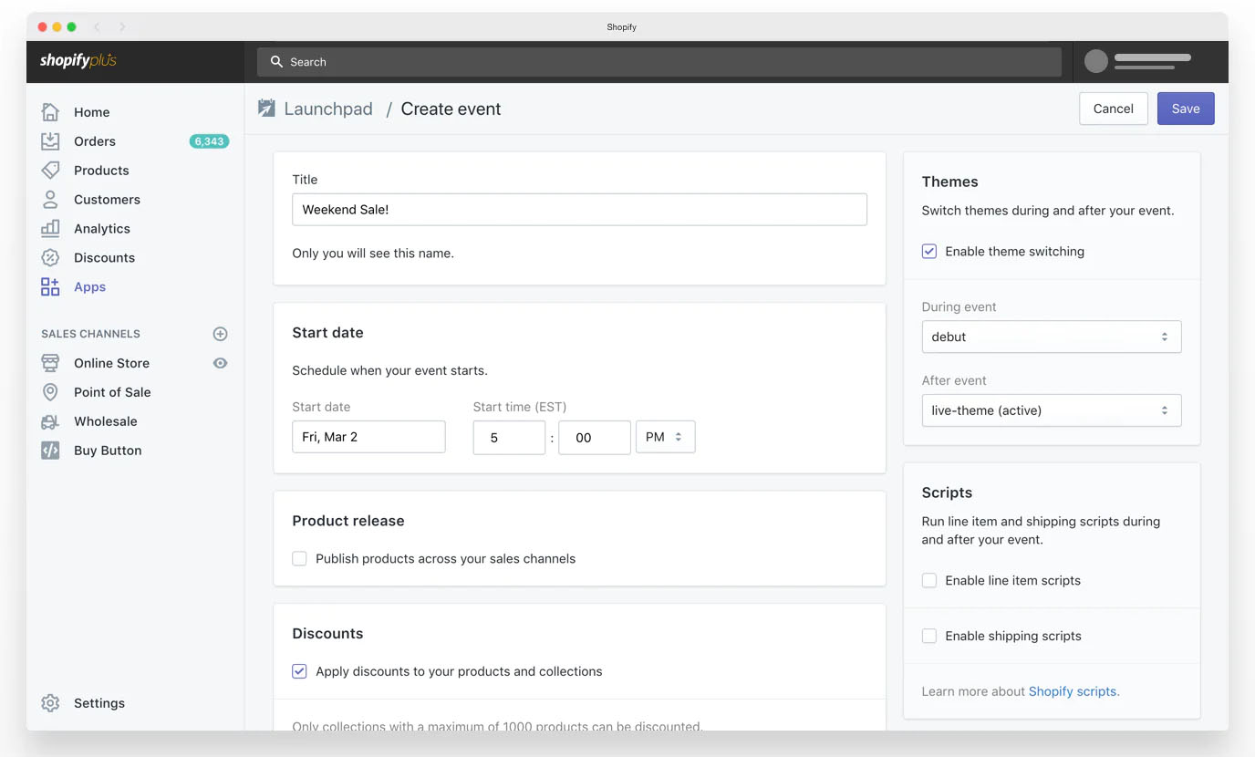 A view on how Launchpad works in the Shopify admin.