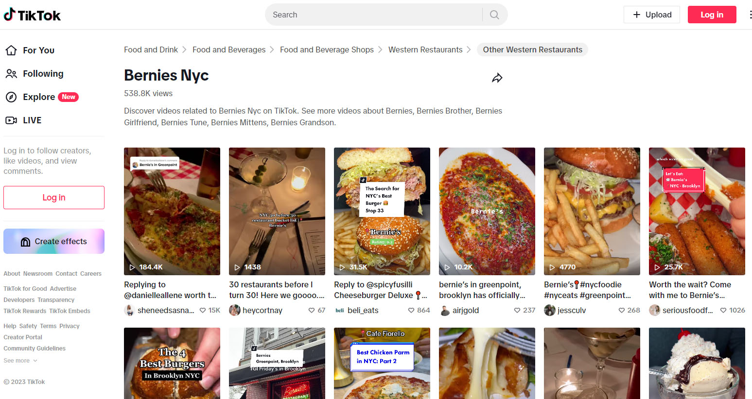 TikTok search results for Bernie's NYC.