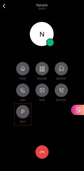 Vonage interface showing a live call along with the call control buttons: "mute," "keypad," "speaker," "add," "hold," "transfer," and "park".