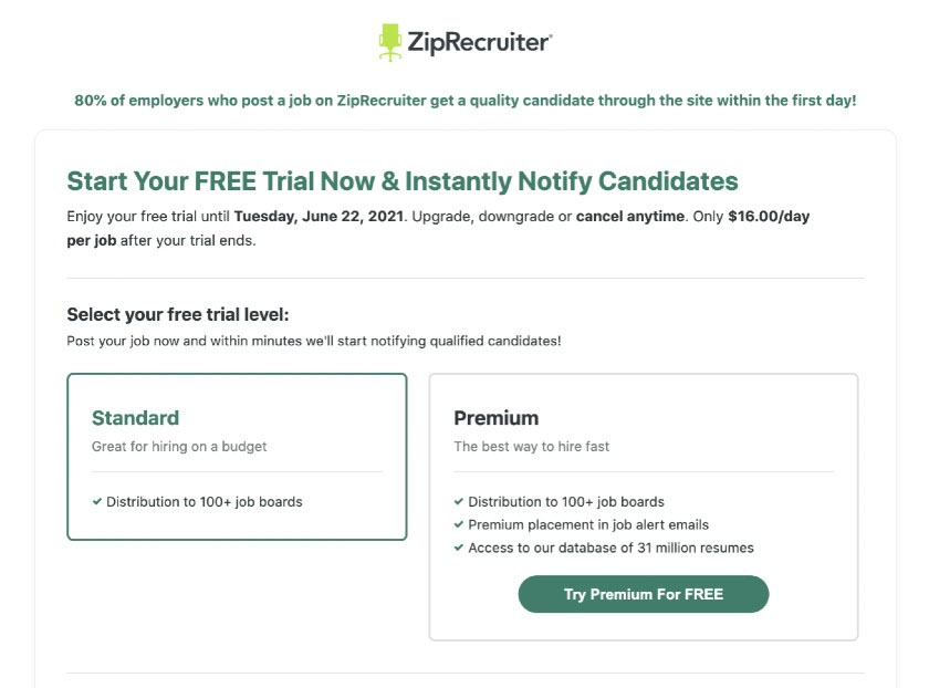 ZipRecruiter free trial and subscription plan dashboard.