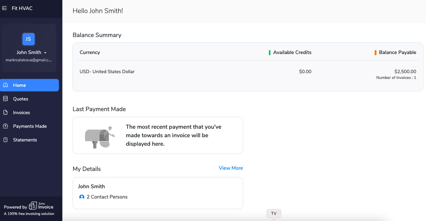Client portal in Zoho Invoice where customers can track transactions like invoices and quotes.