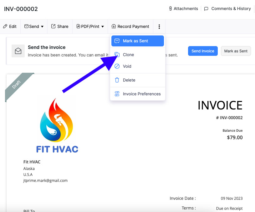 Screen showing how you can clone an existing invoice in Zoho Invoice.