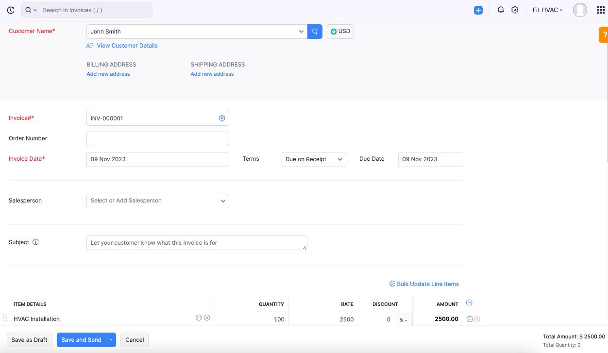 Screen where you can create a new invoice in Zoho Invoice.