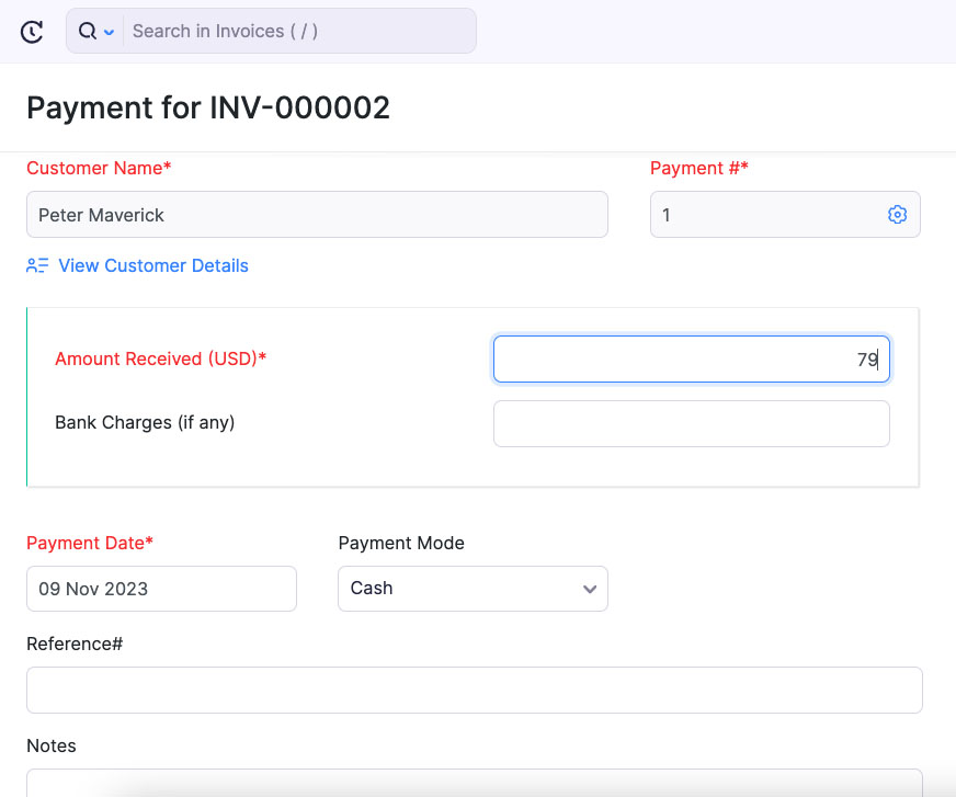 Screen where you can record a payment received in Zoho Invoice.