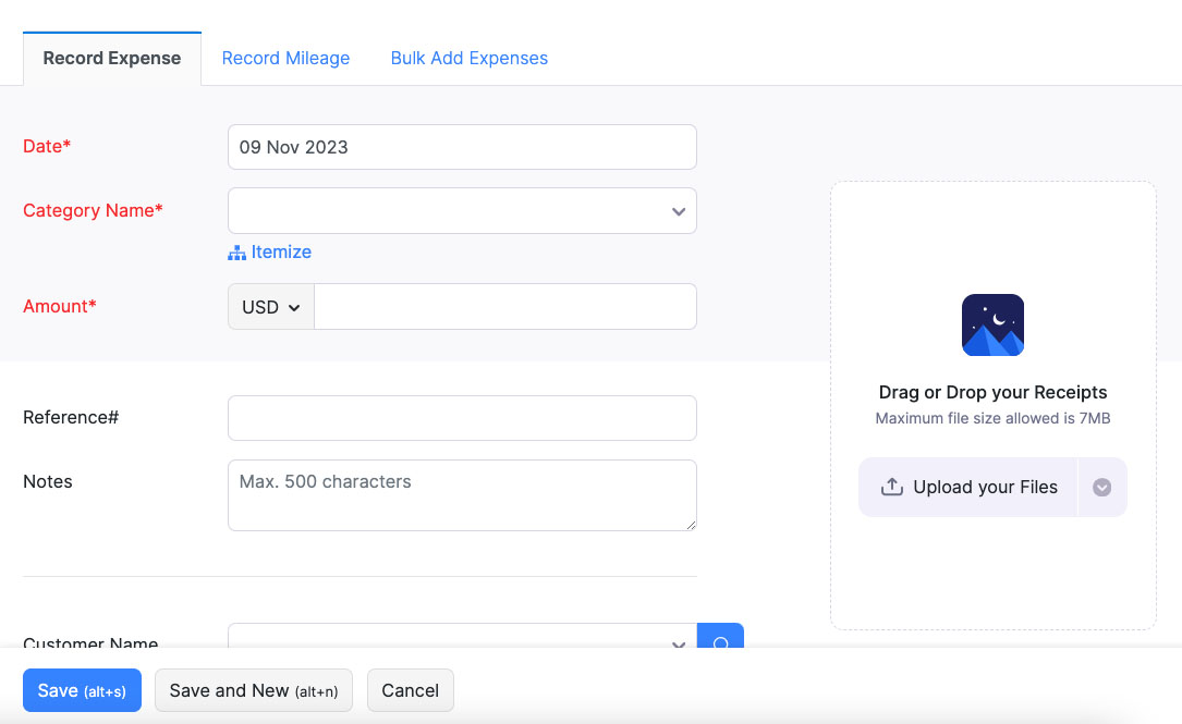 Screen where you can record a new expense in Zoho Invoice.
