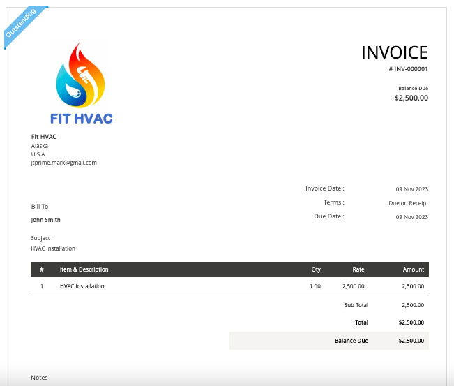 Sample invoice in Zoho Invoice showing customized details, like company logo.