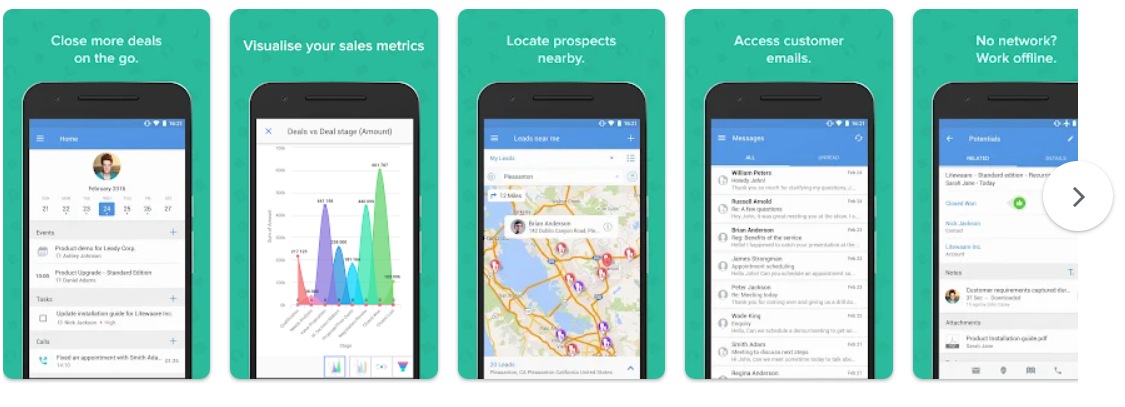 Mobile screens showing different features of the Zoho mobile CRM app.