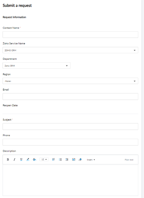 How to submit a Zoho request form view.