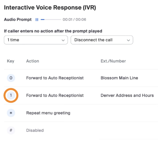 Zoom Phone interface showing the IVR settings including the configurations for key presses, audio prompt recording, and actions to be taken when the caller doesn't enter an action after the menu prompt is played.