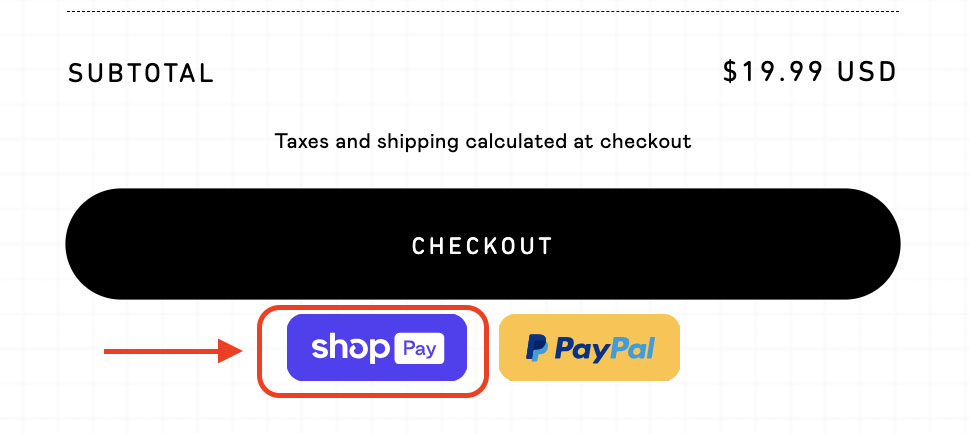An example of a checkout page with a Shop Pay button enabled.