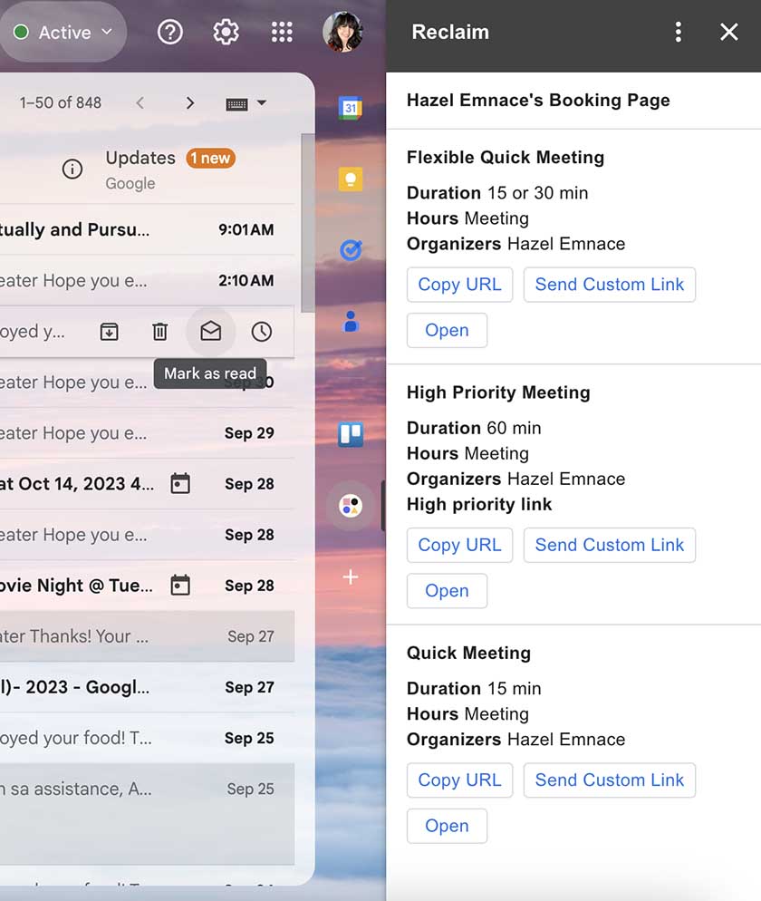 AI-created meetings on Gmail sidebar through Reclaim.ai add-on.