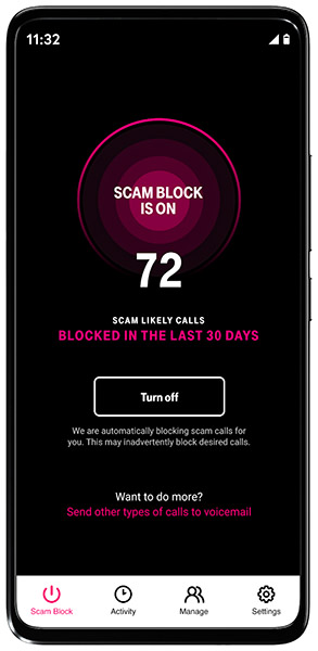 A smartphone screen showing T-Mobile’s scam shield app with an alert that the scam block is on and that 72 spam calls were blocked in the last 30 days.