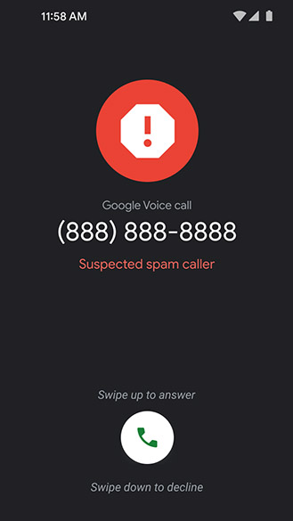A smartphone screen showing an alert of an incoming Google Voice call labeled as "Suspected spam caller".