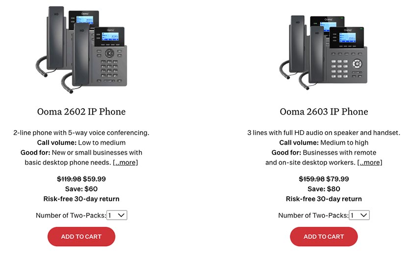 A webpage showing two Ooma IP phones with information about the product, price, and the "Add to Cart" buttons.