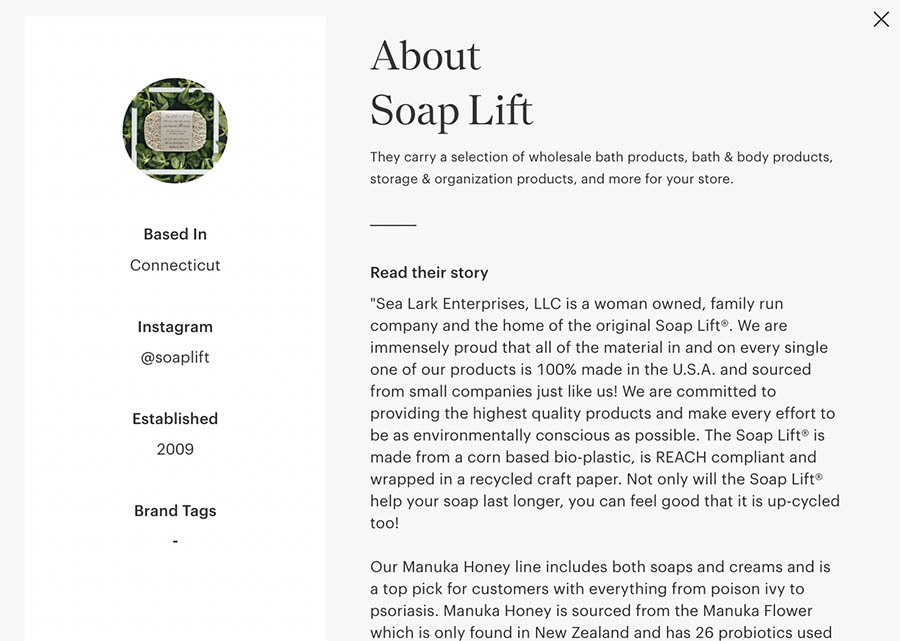 About Soap Lift page with contact information and block off text.