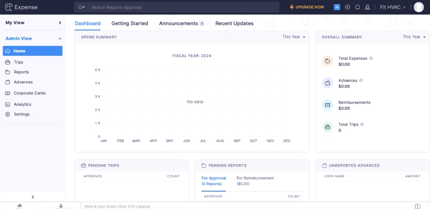 Admin dashboard in Zoho Expense showing data like pending trips, pending reports, and unreported advances.