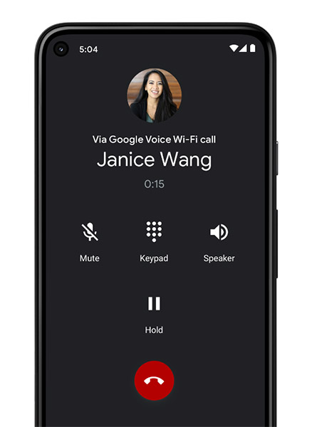 An ongoing call on Google Voice displaying the name of the other call participant and call control buttons.