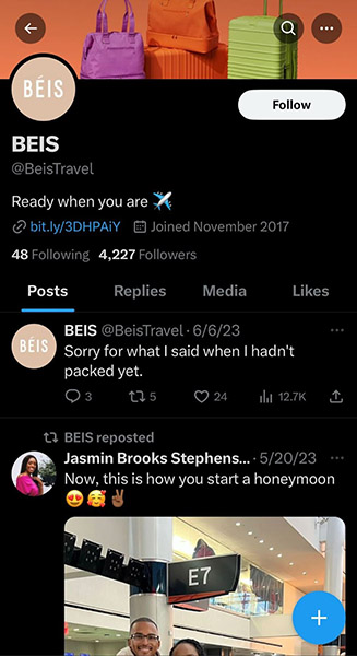 Twitter profile of travel accessories brand BEIS Travel.
