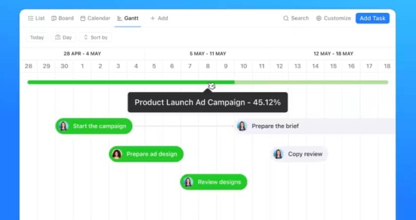 ClickUp Gantt chart with project status bar and tasks for an ad campaign launch.