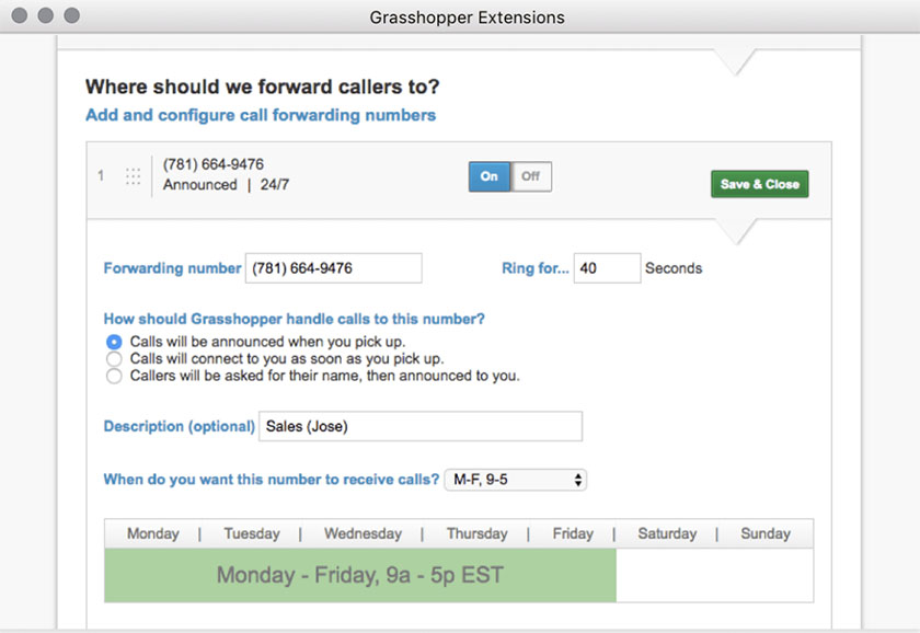 Configuration settings for Grasshopper incoming call control.