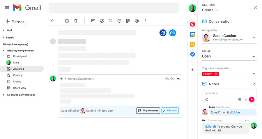 Created conversation on Gmelius Gmail add-on from an email.