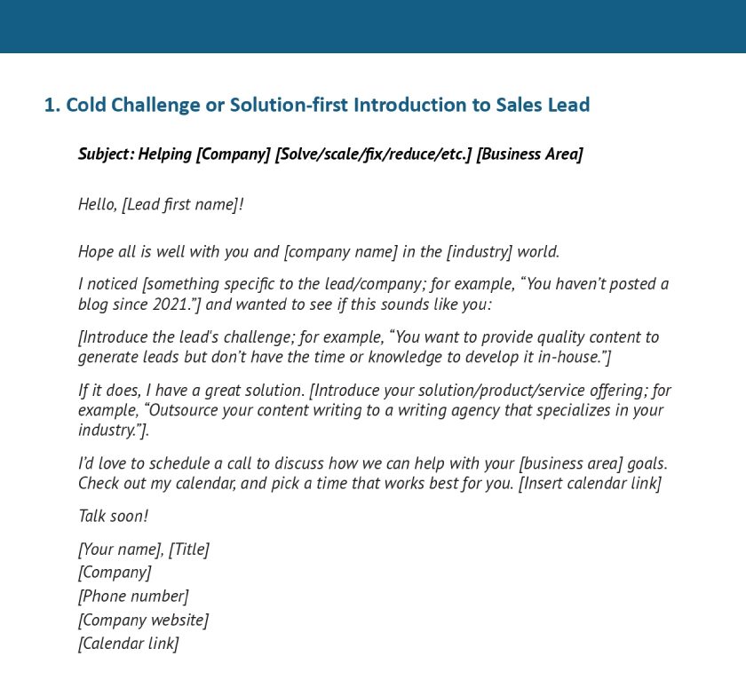Email template for cold call challenge or solution introduction to sales lead.