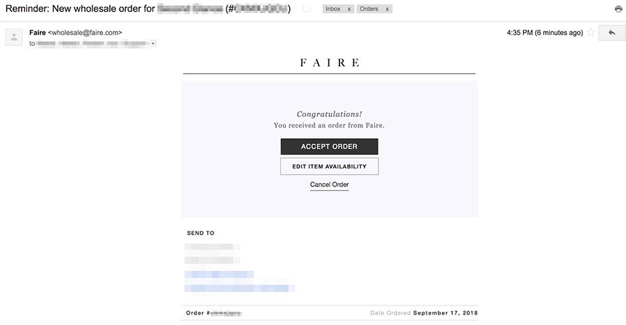 Faire's order email notification with "Accept Order" and "Edit Item Availability" buttons.
